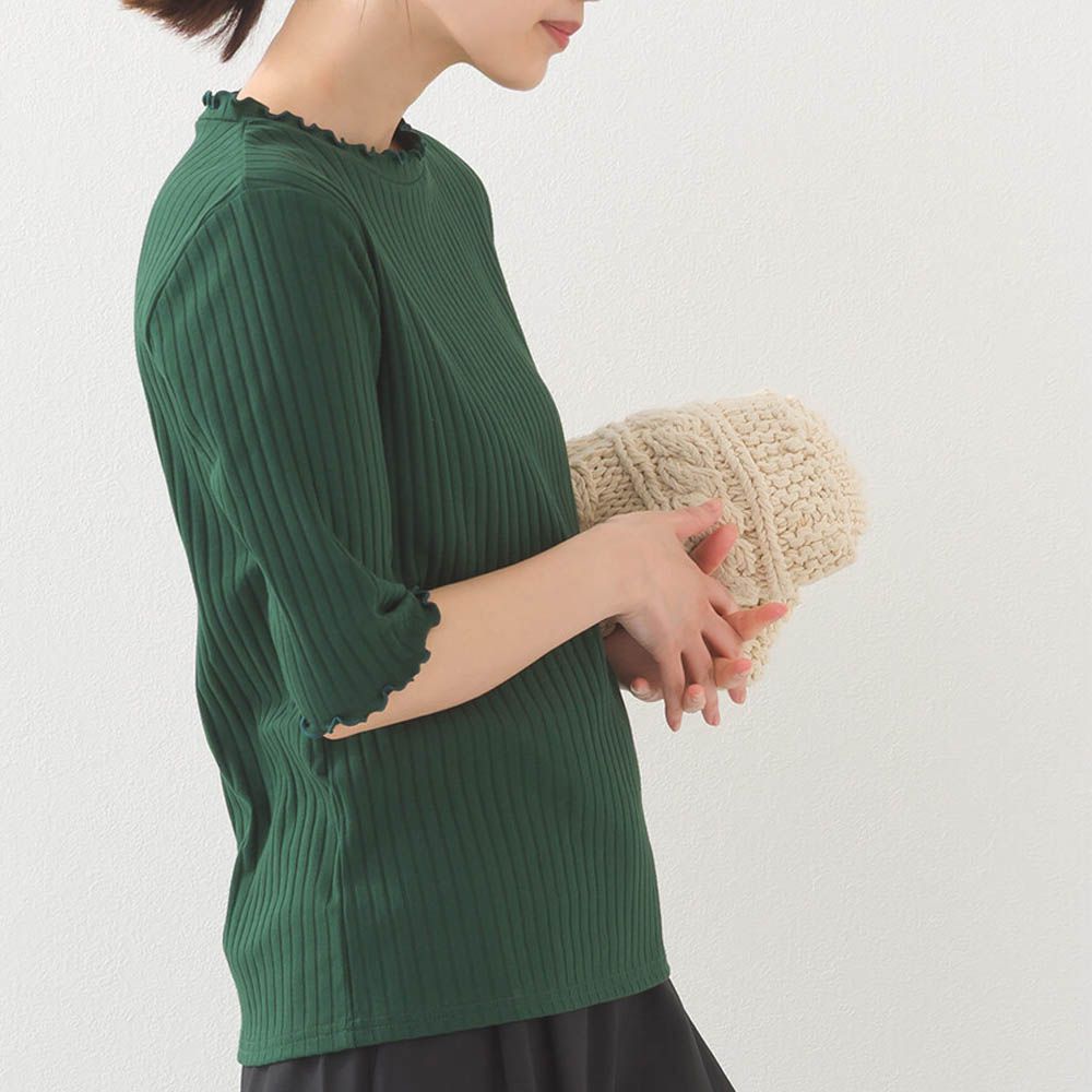 輕盈木耳邊合身羅紋短袖上衣-濃綠