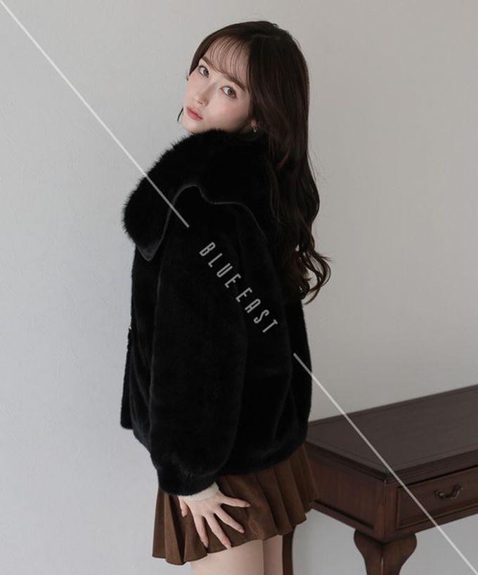 日本 BLUE EAST - 華麗注目皮草感大翻領金扣外套-咖啡