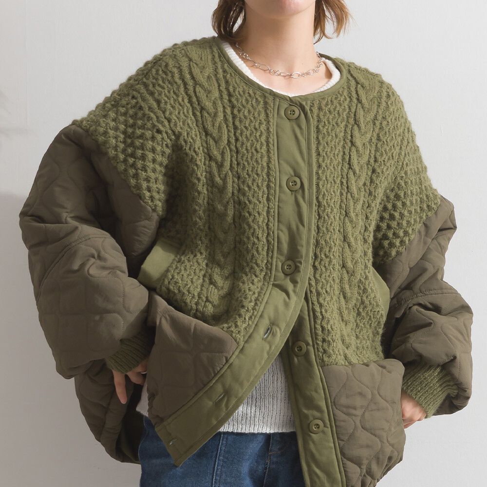 立體麻花絎縫拼接無領保暖外套-軍綠