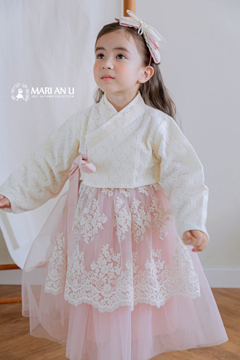 韓國 Mari an u - 透膚蕾絲裝飾網紗韓服-米白X粉紅
