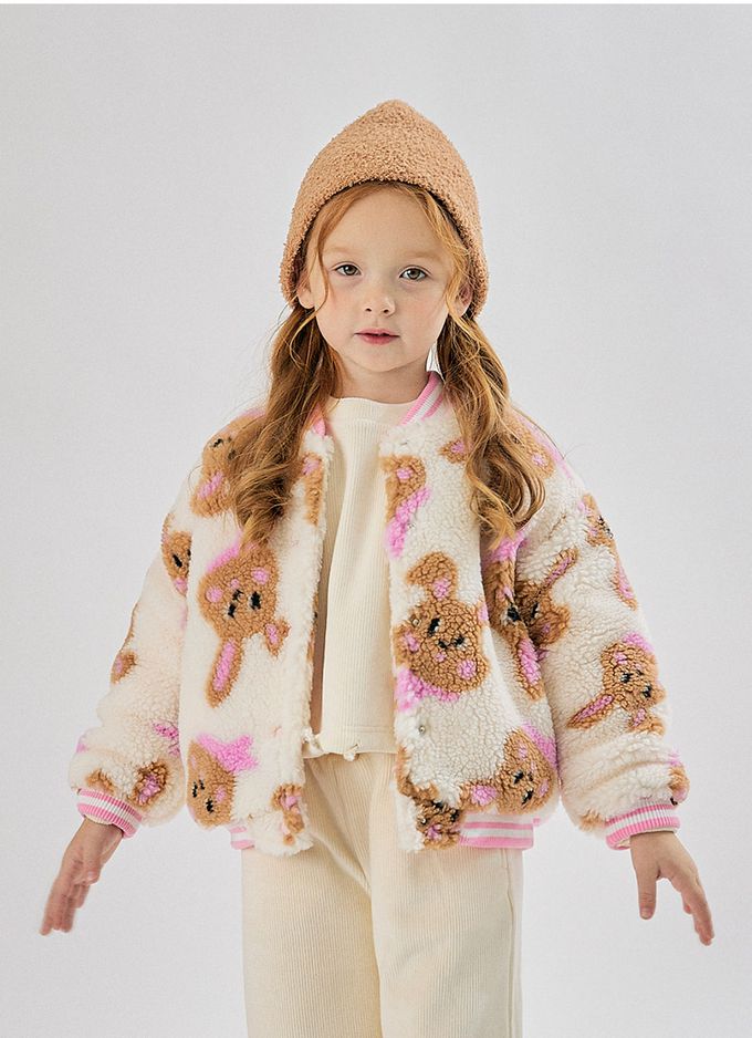 韓國 OZKIZ - 保暖毛絨絎縫內裡棒球外套-咖啡兔