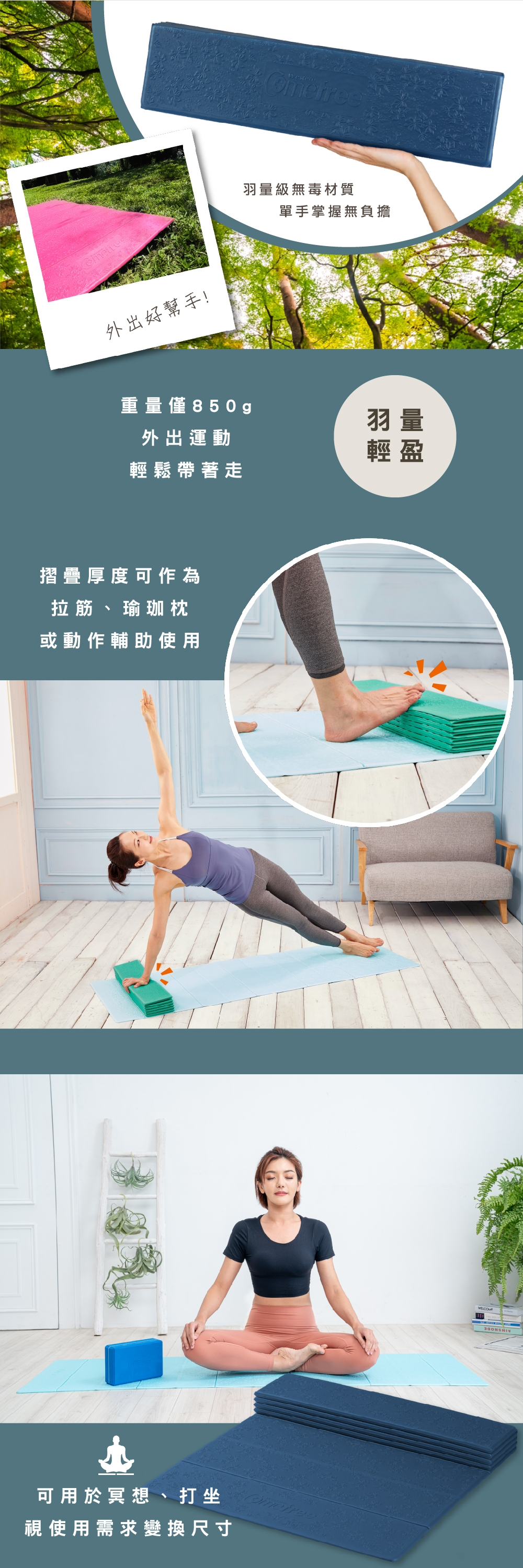 Comefree 康芙麗 - 羽量級TPE摺疊瑜珈墊-時尚藍