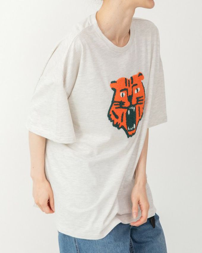 日本 gleam - 逗趣老虎相良刺繡寬大風短袖T恤-黃老虎-靛藍