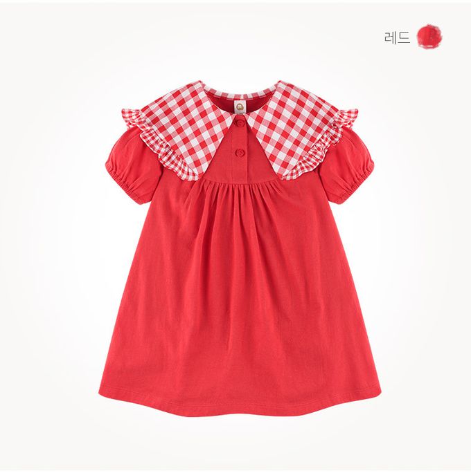 韓國 milk mile - 大片格紋翻領高腰洋裝-紅