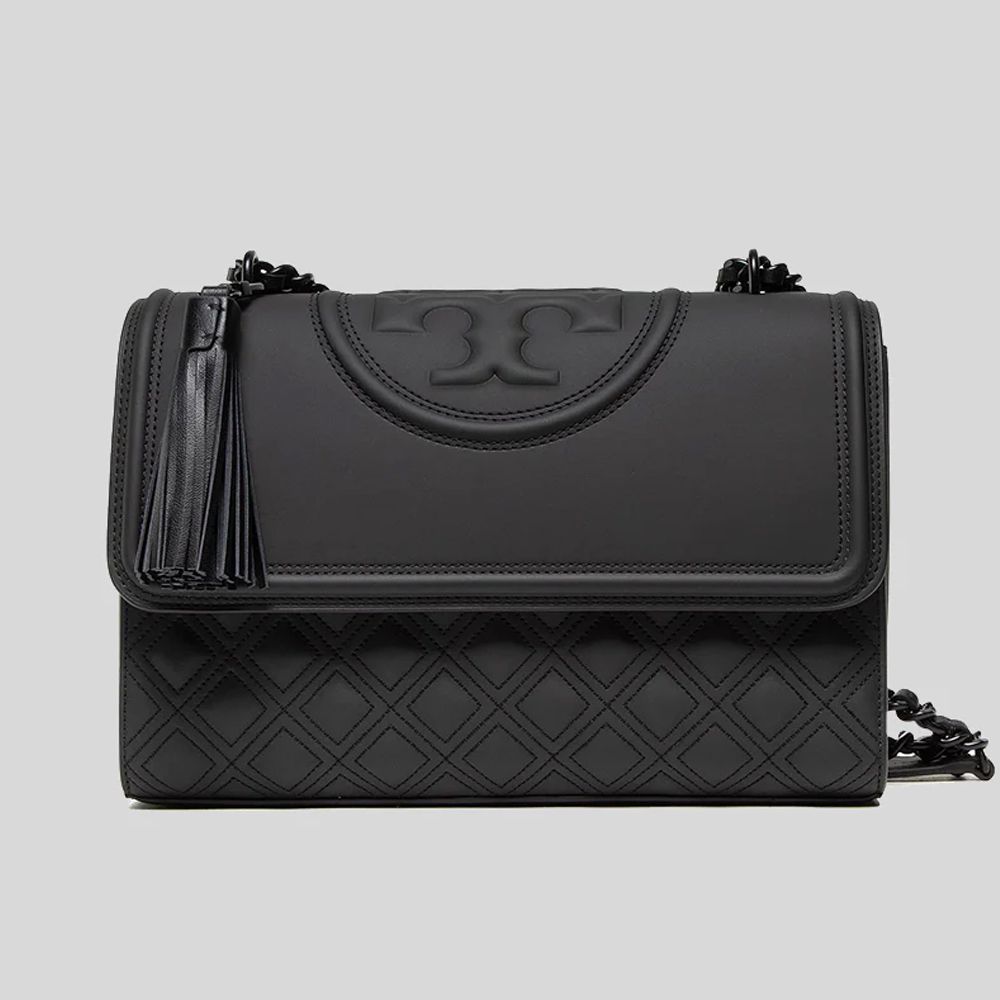 霧面菱格紋翻蓋流蘇肩背包 (黑)