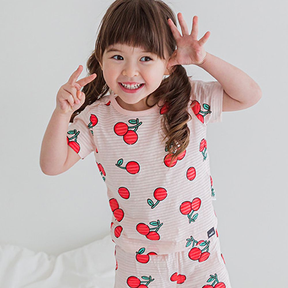 韓國 Cordi-i - 無螢光棉透氣緹花短袖家居服-紅紅櫻桃-粉紅
