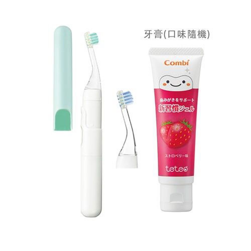 日本 Combi - teteo 幼童電動牙刷-薄荷綠 (6個月起)-電動牙刷-薄荷綠x1(內含替換刷頭x1)+含氟牙膏(口味隨機)x1(含氟量500ppm)