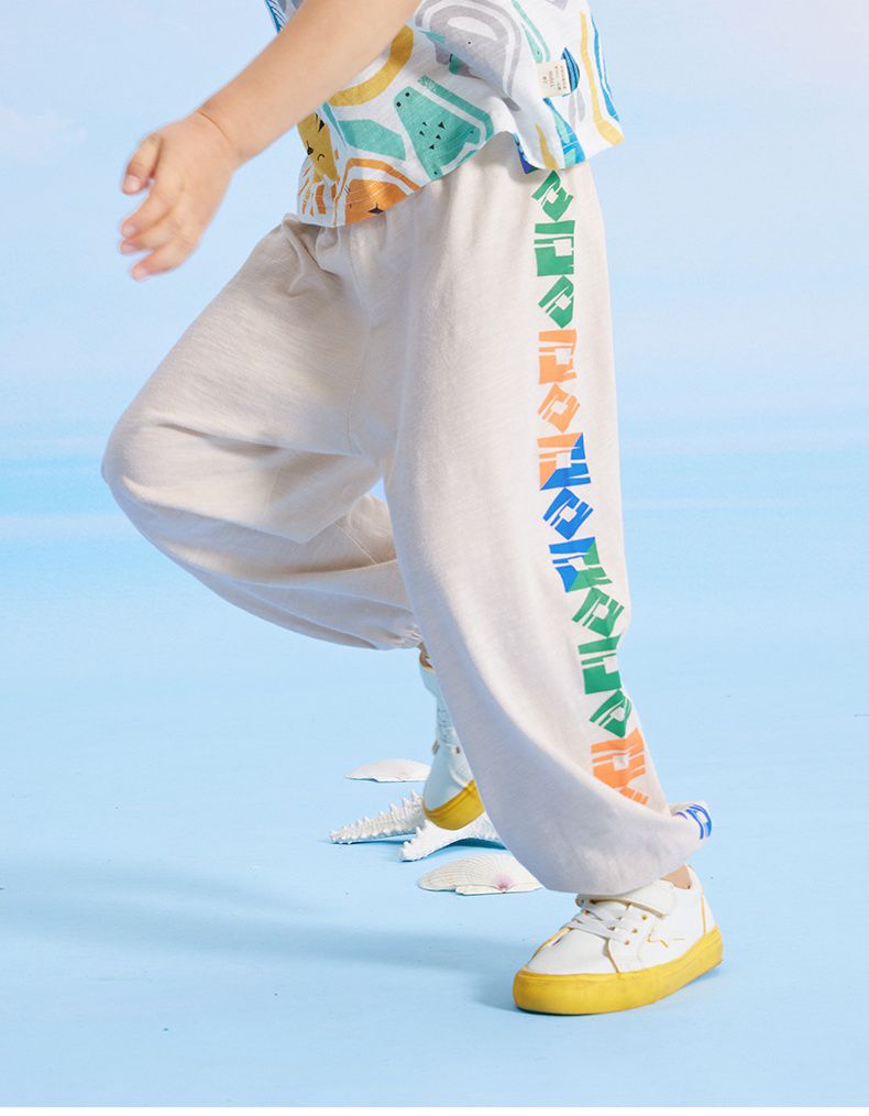 竹節棉束口長褲/防蚊褲-方形幾何-灰藍色