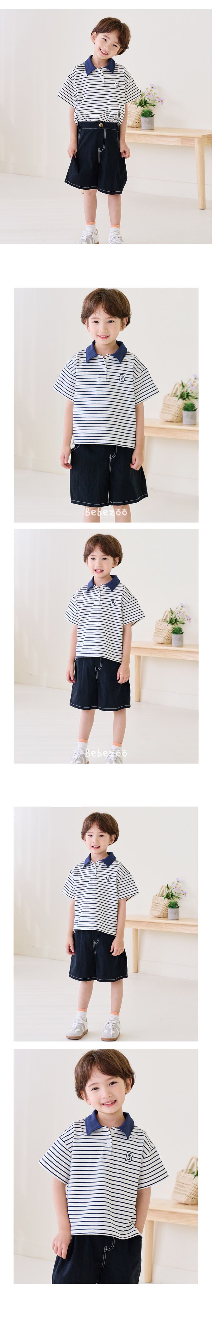 韓國 Bebezoo - 刺繡品牌標誌翻領短袖上衣-橫紋-海軍藍