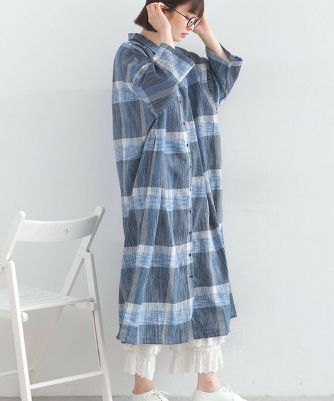 日本 Lupilien - 休閒率性格紋七分袖襯衫洋裝-粉紅x卡其