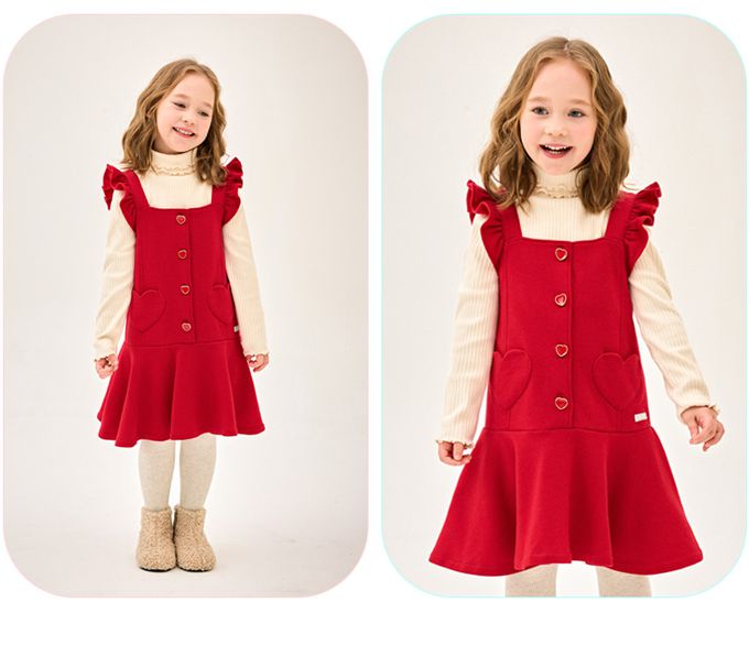 韓國 Jelispoon - 迷人愛心裝飾背心內刷毛洋裝-紅