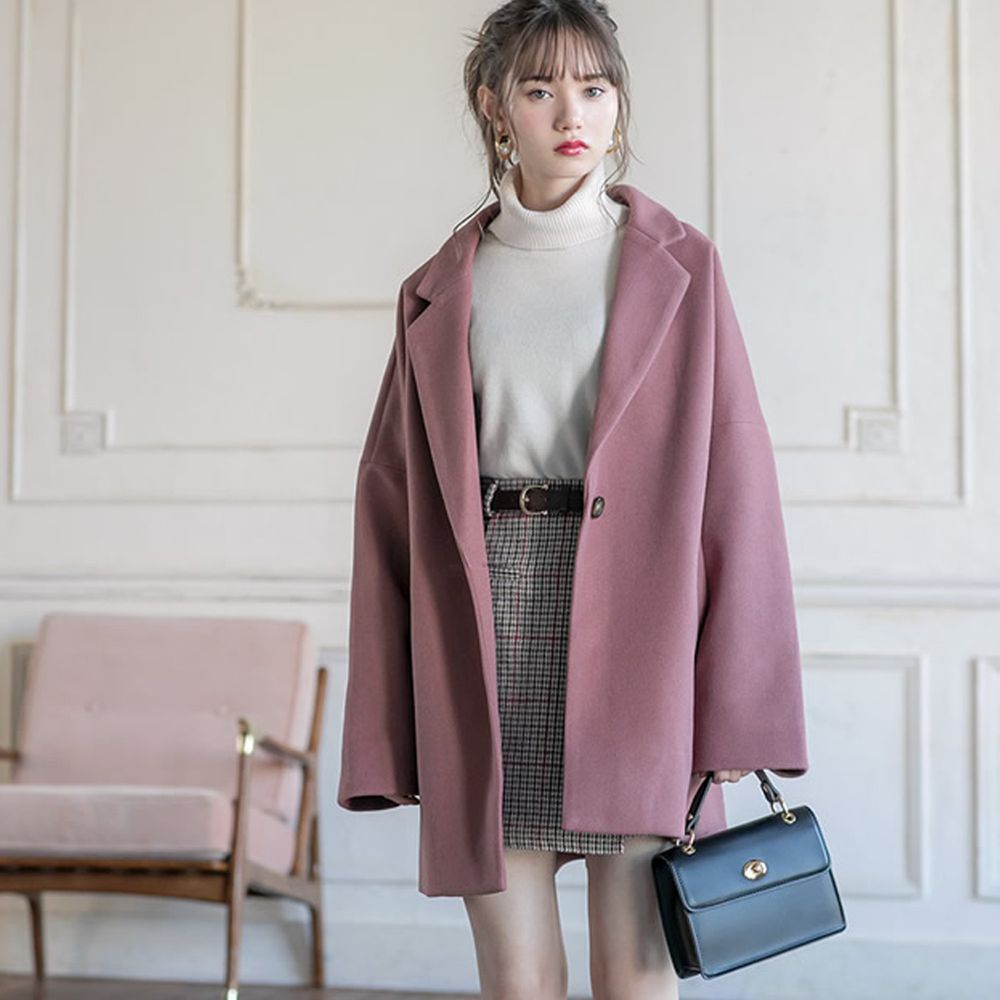 日本 GRL - 時尚顯瘦繭型中長版大衣外套-藕灰粉