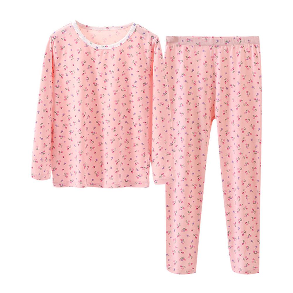 MAMDADKIDS - 萊卡棉長袖家居服套裝-滿版草莓-粉色