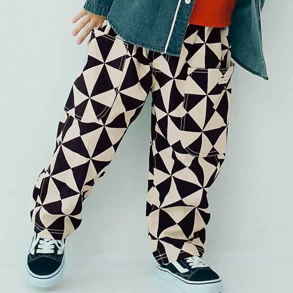 繽紛感印花斜紋布寬褲-菱格紋-黑X白