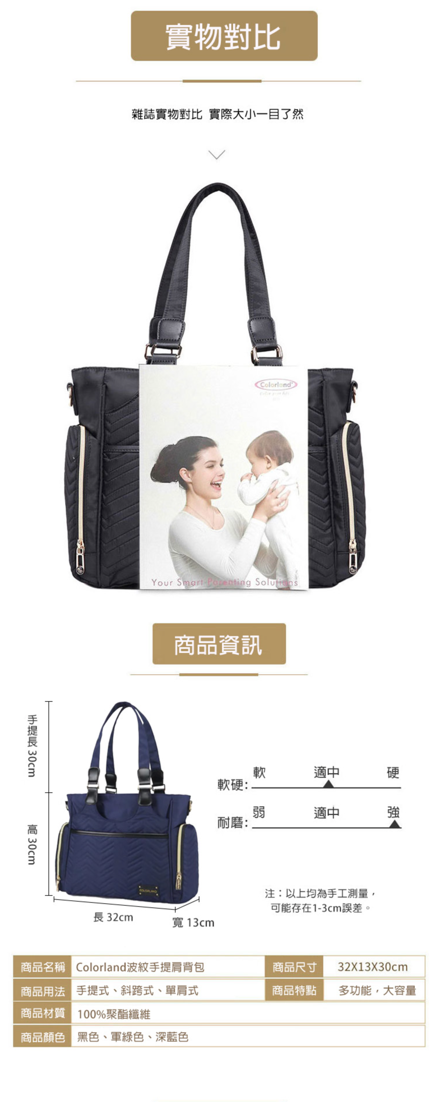 Colorland - 波紋手提包 中型時尚 附斜背帶-黑色 (32*13*30cm)