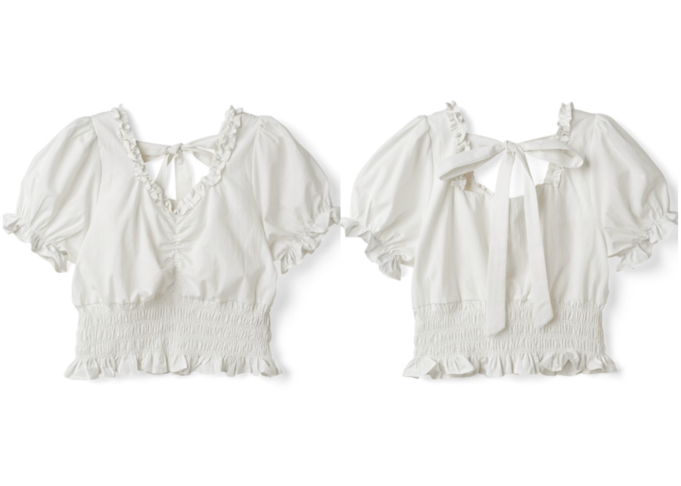 日本 GRL - 公主抓皺縮腰後蝴蝶結短版短袖上衣-天使白