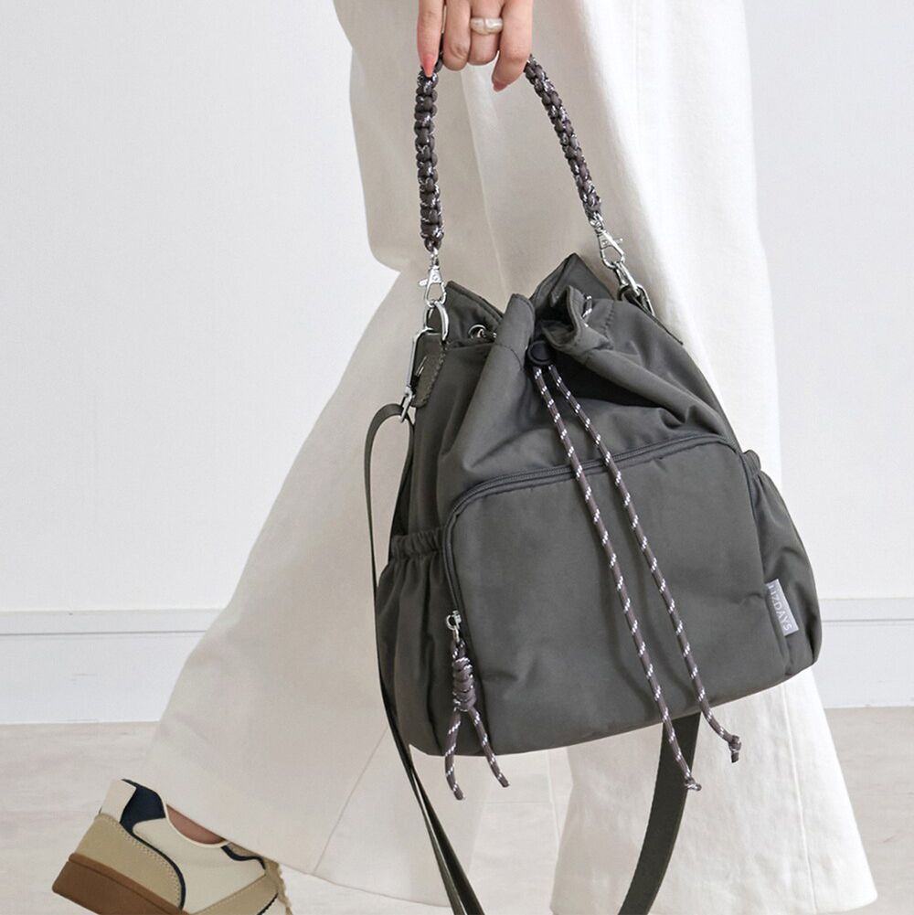 潑水加工 8口袋輕量抽繩尼龍手提/側背包-深灰