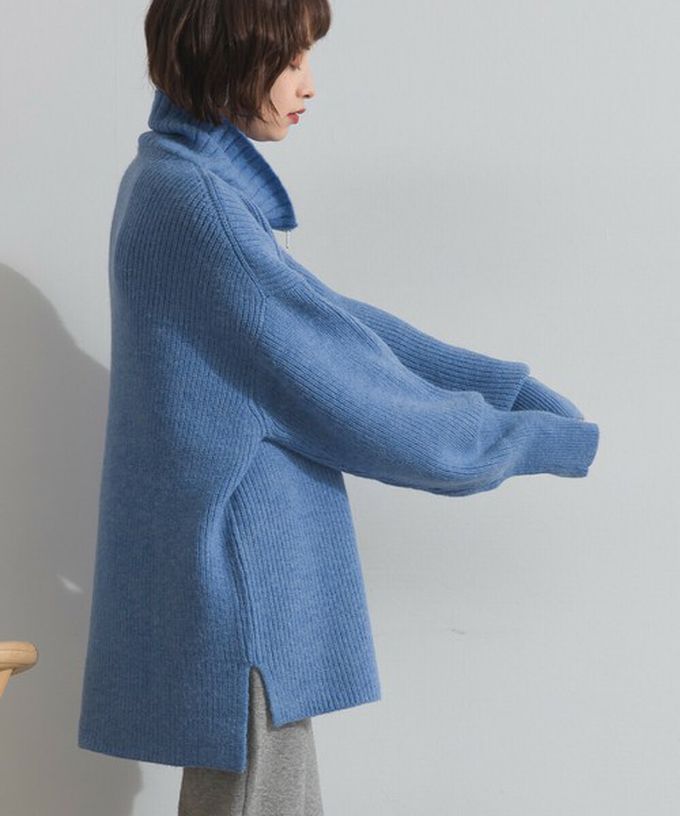 日本 ELENCARE DUE - 優雅線條感半拉鍊長版針織高領上衣-卡其