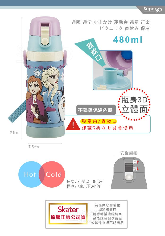 日本 SKATER - 立體直飲不鏽鋼保溫水壺(480ml)-冰雪奇緣