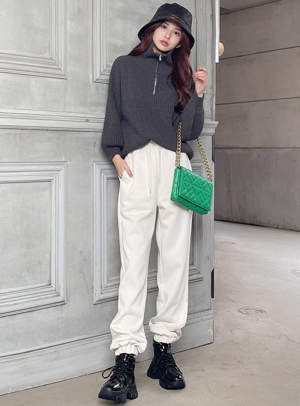 日本 GRL - 率性拉鍊領氣球袖針織上衣-深咖啡 (F)