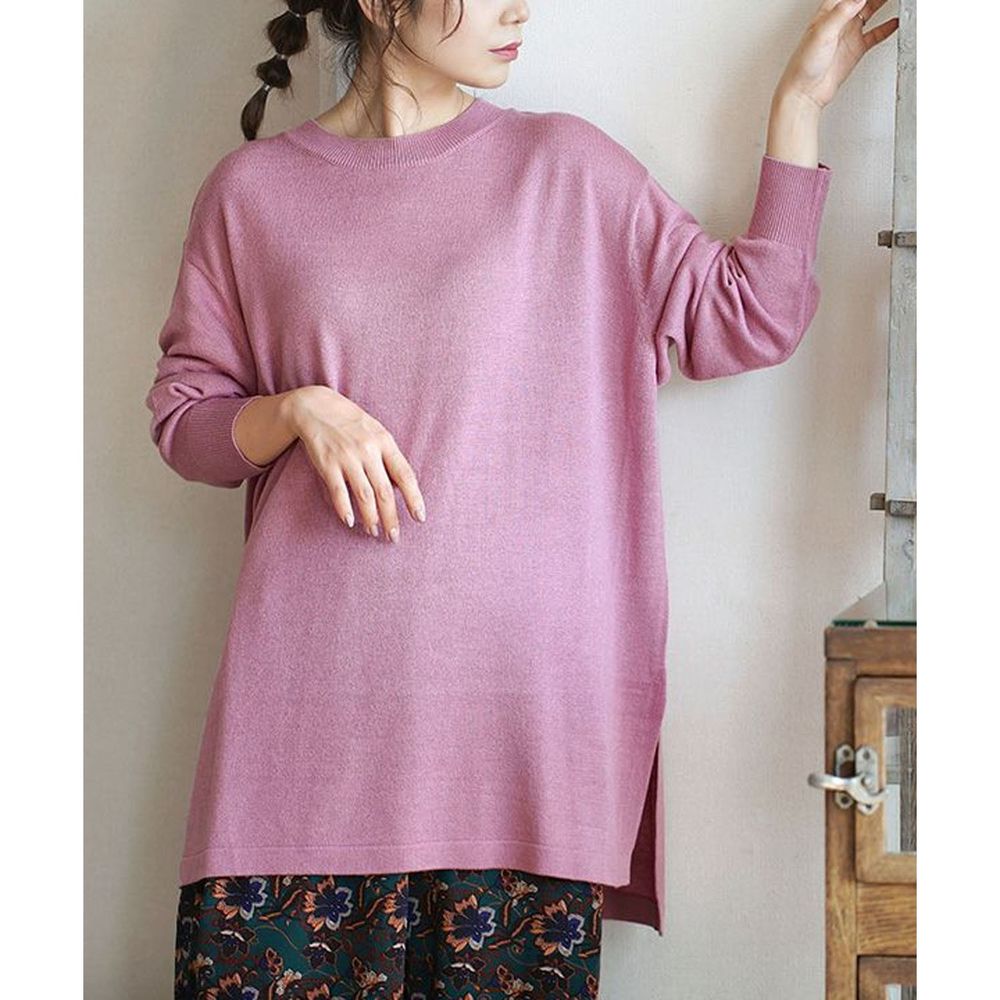 日本 zootie - Heatful發熱系 寬鬆長版薄針織上衣-紫粉