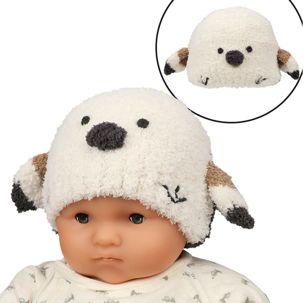 針織帽-毛茸茸動物-米白色