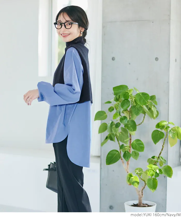 日本 COCA - 高領針織背心+前短後長襯衫2件組-黑