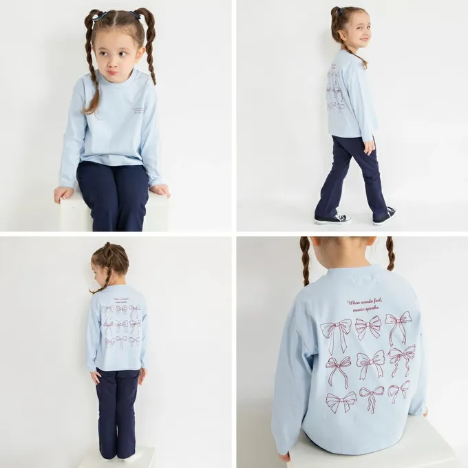 日本 BRANSHES - 100%棉 可愛女孩印花長袖上衣-手寫筆記-炭灰