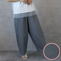 日本女裝代購 - [熱銷款] 超藏肉休閒錐形美腿褲-丹寧-條紋海軍身深藍
