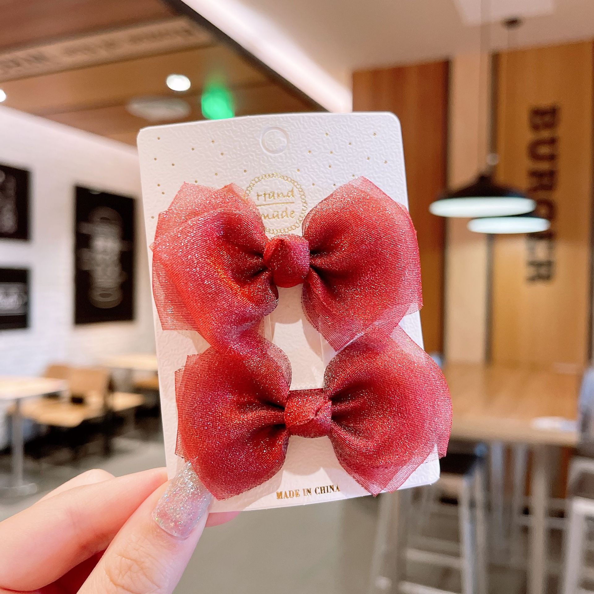 亮亮網紗蝴蝶結髮夾(2入組)-海軍藍