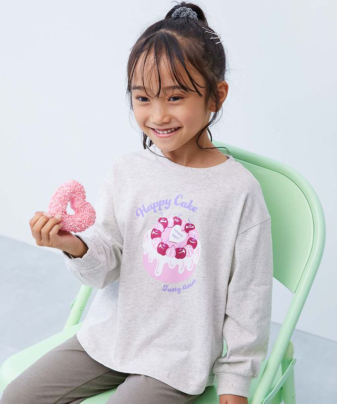 日本 devirock - 100%棉 定番女孩印花長袖上衣-蛋糕-煙燻粉