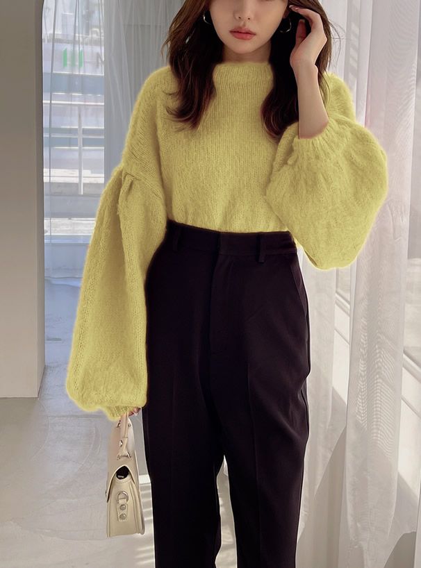 日本 GRL - 圓領短絨氣球袖毛衣-象牙杏 (F)