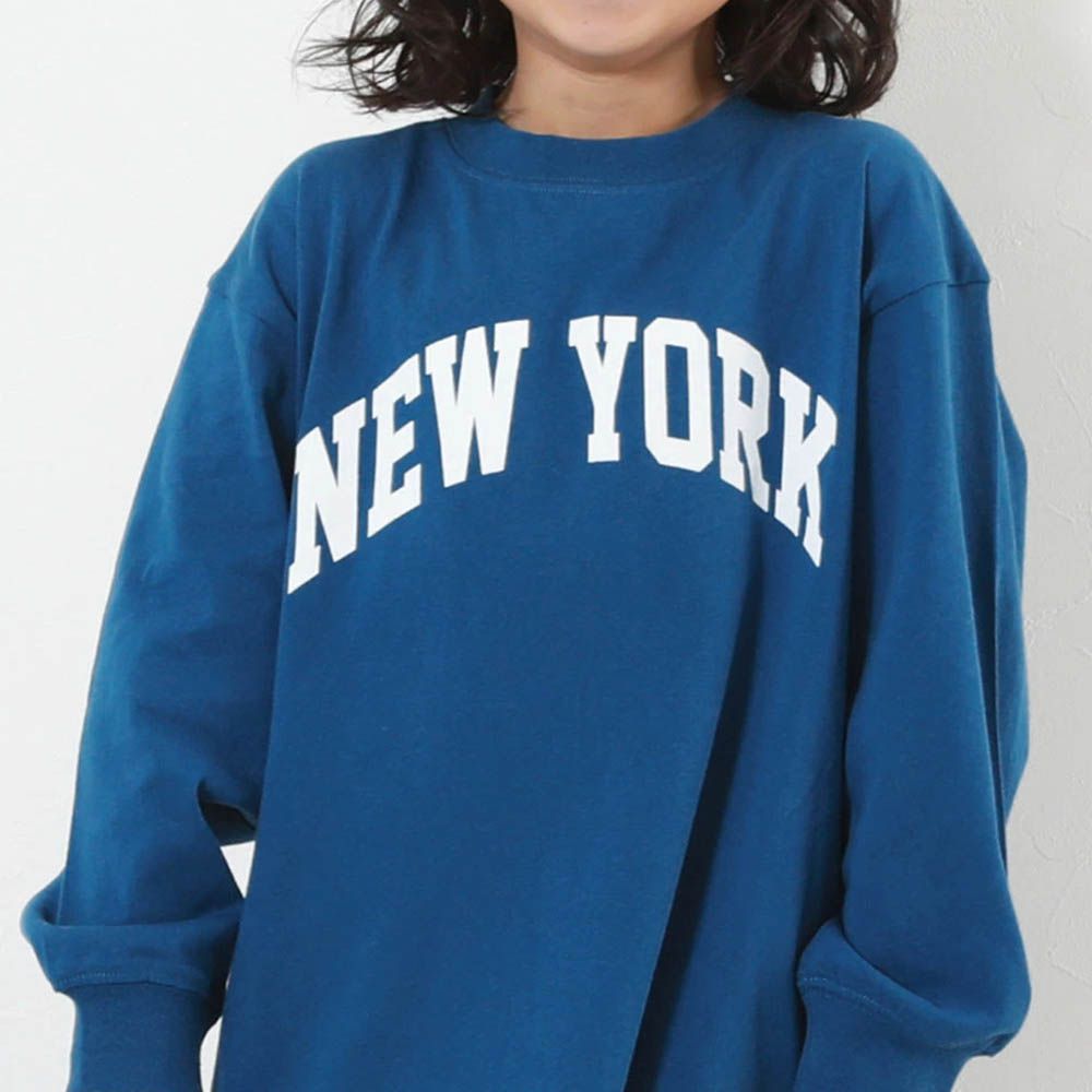 100%棉 定番印花寬版長袖上衣-NEW YORK-寶藍