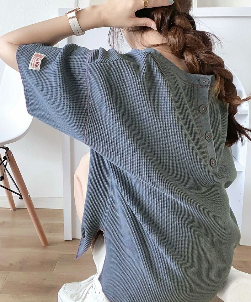 日本 Classical Elf - 2WAY華夫格落肩五分袖上衣-象牙杏