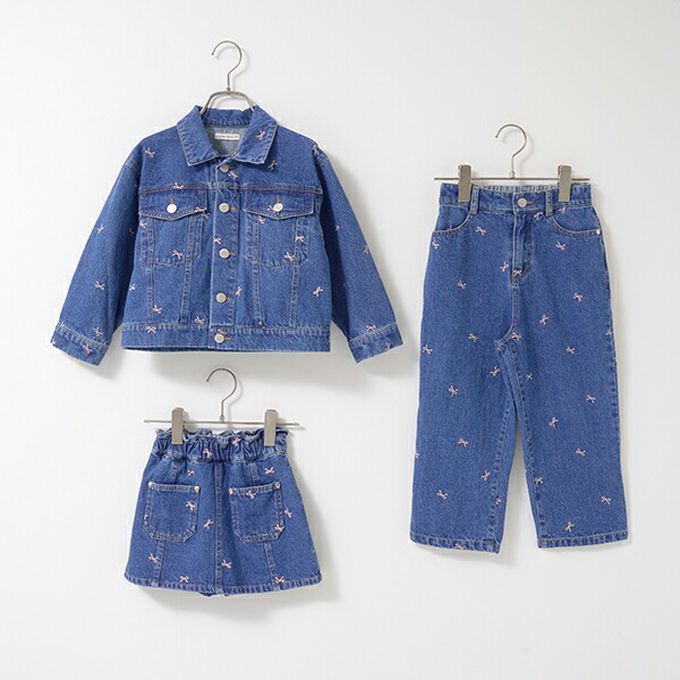 日本 Lycee mine - 甜美刺繡純棉丹寧風褲裙-蝴蝶結-中青