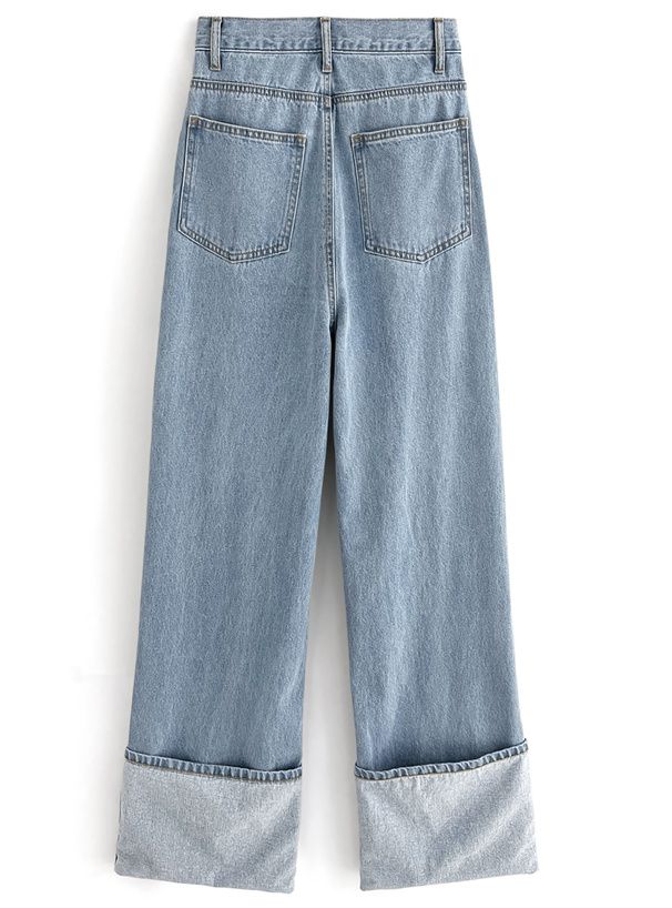 日本 GRL - 復古反折丹寧直筒褲-深藍