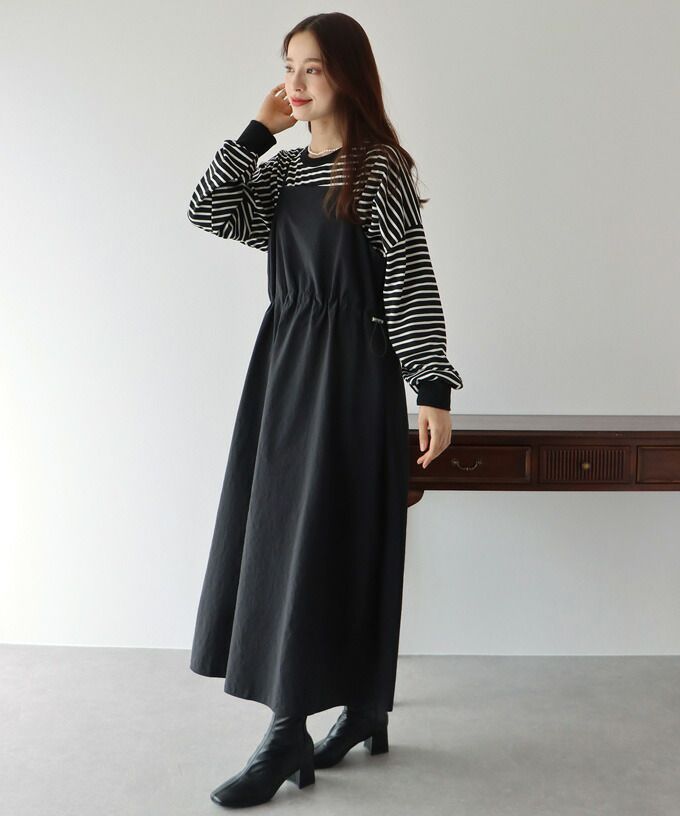 日本 BLUE EAST - 工裝風抽繩縮腰吊帶裙-卡其