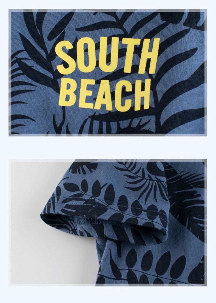 短袖棉T-熱帶葉片紋-藍色