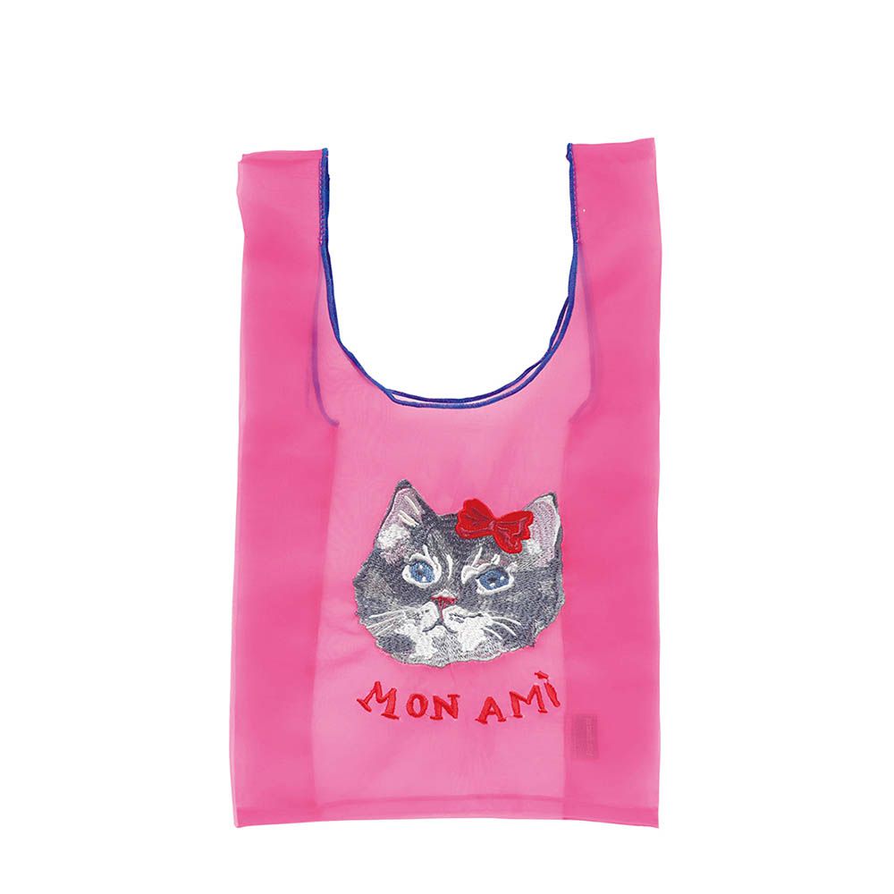 貓咪刺繡薄紗手提袋-桃紅