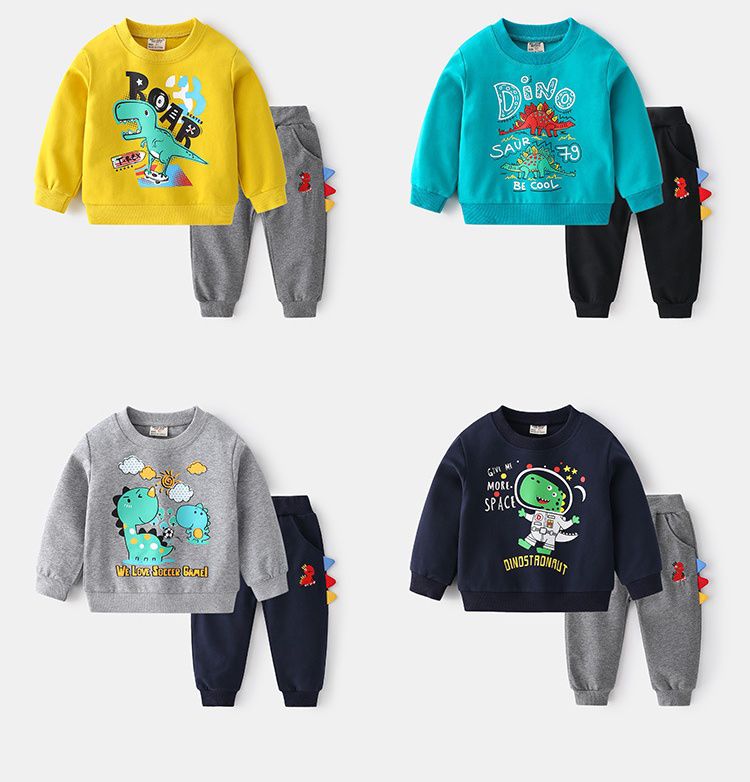 WELLKIDS - 加絨圓領長袖大學T套裝-兩隻劍龍-藍色