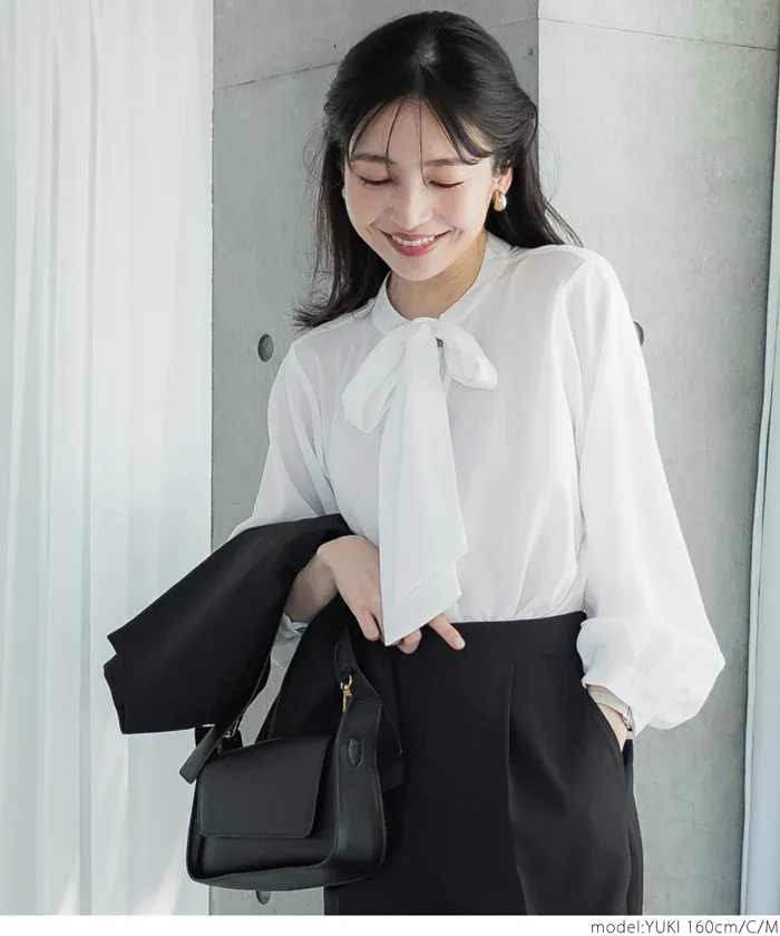 日本 COCA - 優雅紐結雪紡長袖上衣-點點-白