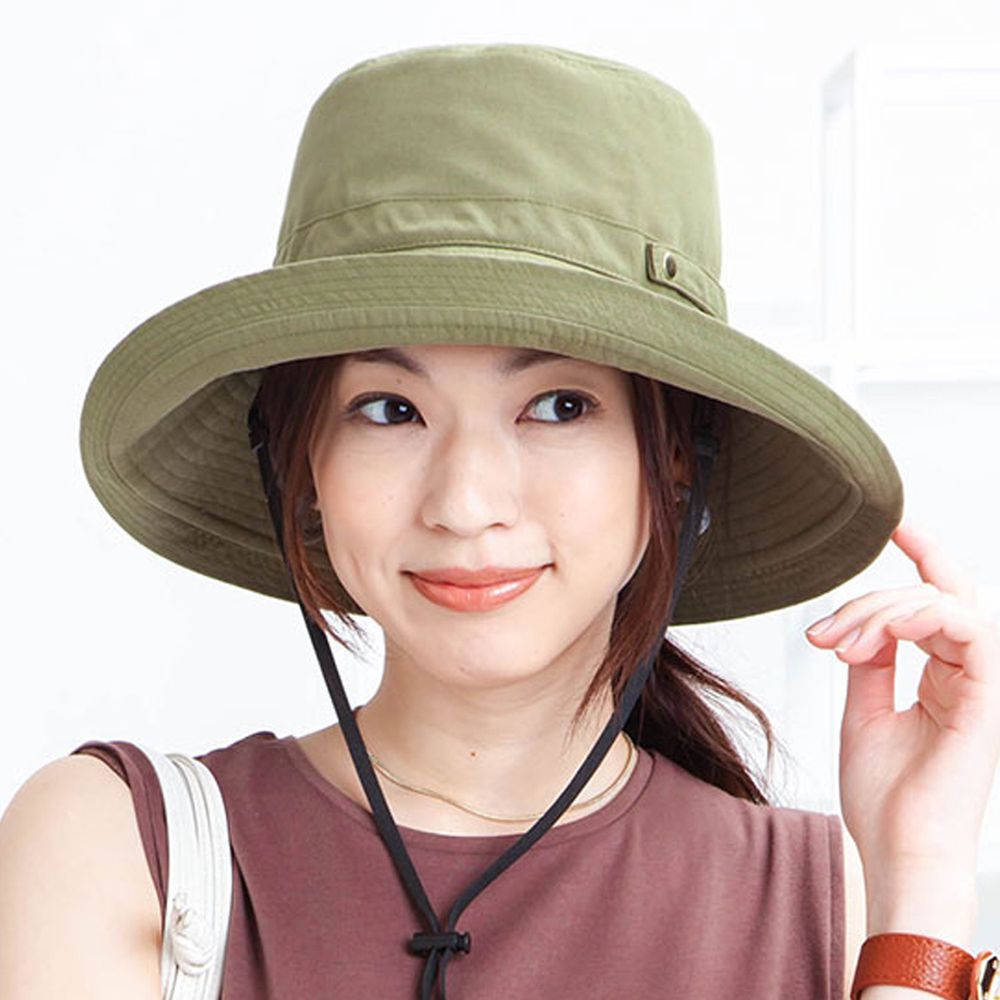 日本 irodori - 抗UV可捲收遮陽帽(附防風帽帶)-橄欖綠