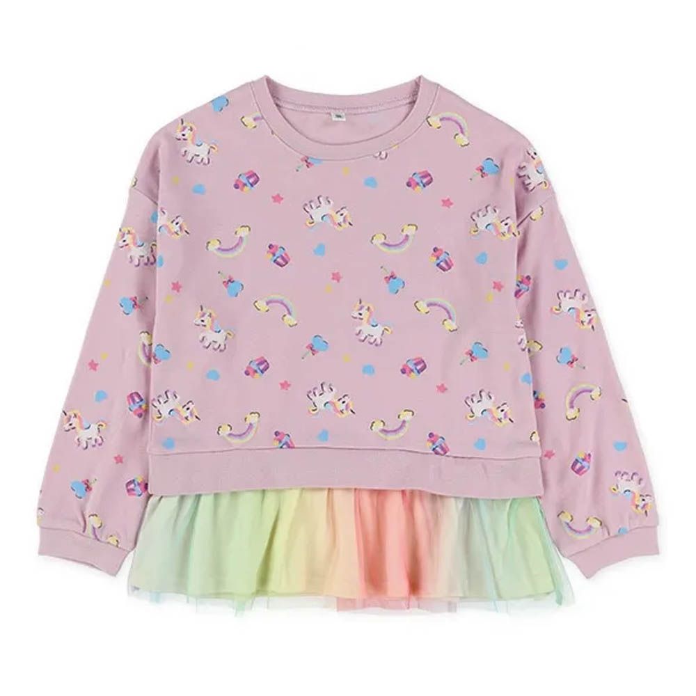 彩虹薄紗獨角獸印花長袖上衣-粉紫
