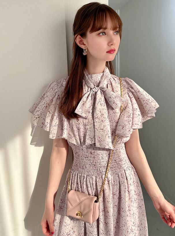 日本 GRL - 華麗扭結荷葉袖碎花洋裝-淺桃粉