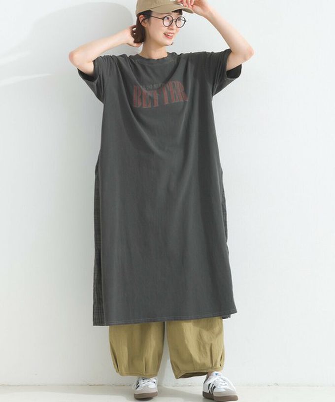 日本 Lupilien - 復古寬鬆格紋拼接短袖洋裝-BETTER-水藍