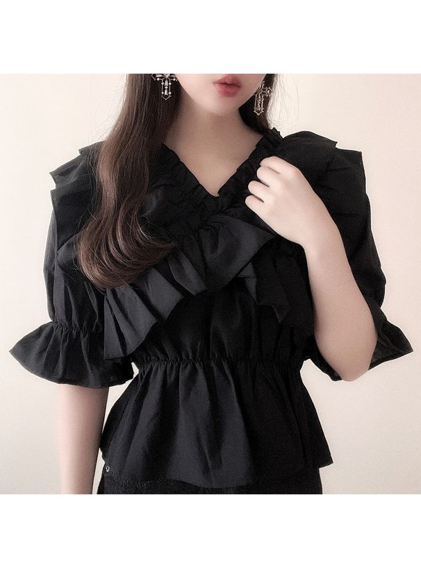 日本 GRL - 華麗荷葉邊層次短袖上衣-白 (F)