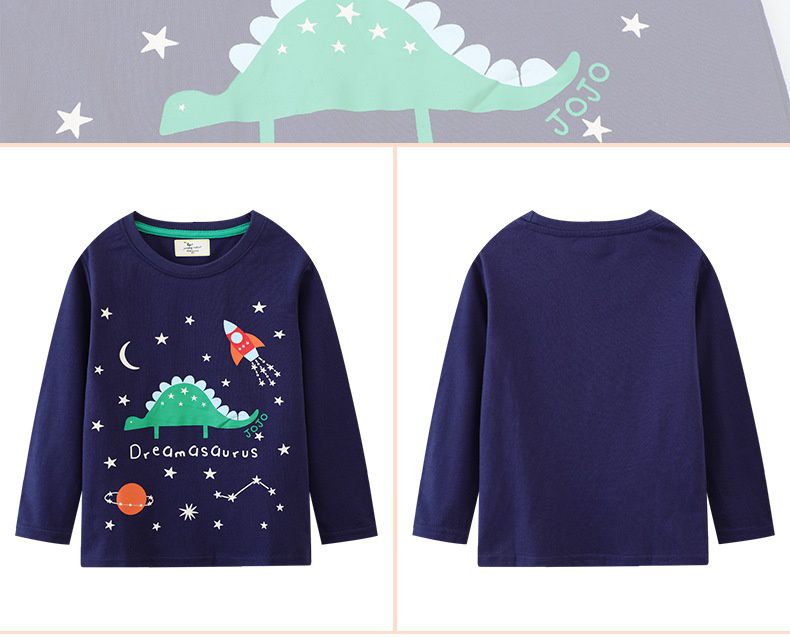 Jumping meters - 夜光圓領棉質長袖上衣-星星恐龍-深藍色