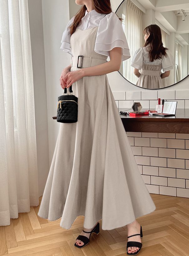 日本 GRL - 優雅修身寬腰帶吊帶裙/洋裝-淺米杏