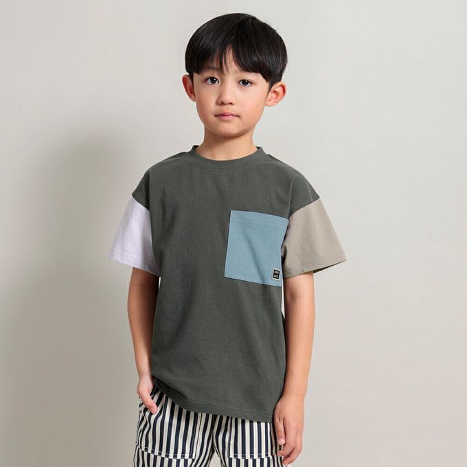 日本 BRANSHES - 純棉簡約大口袋短袖上衣-撞色x條紋-藍黑白