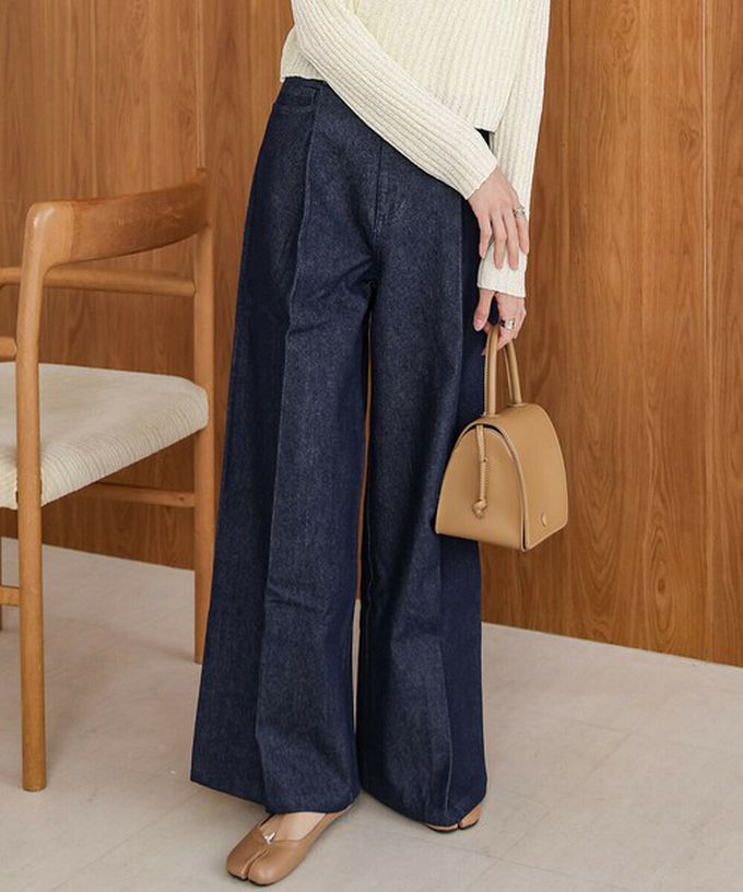 日本 Bab - 腳長效果 摺線丹寧印度棉寬褲-靛藍